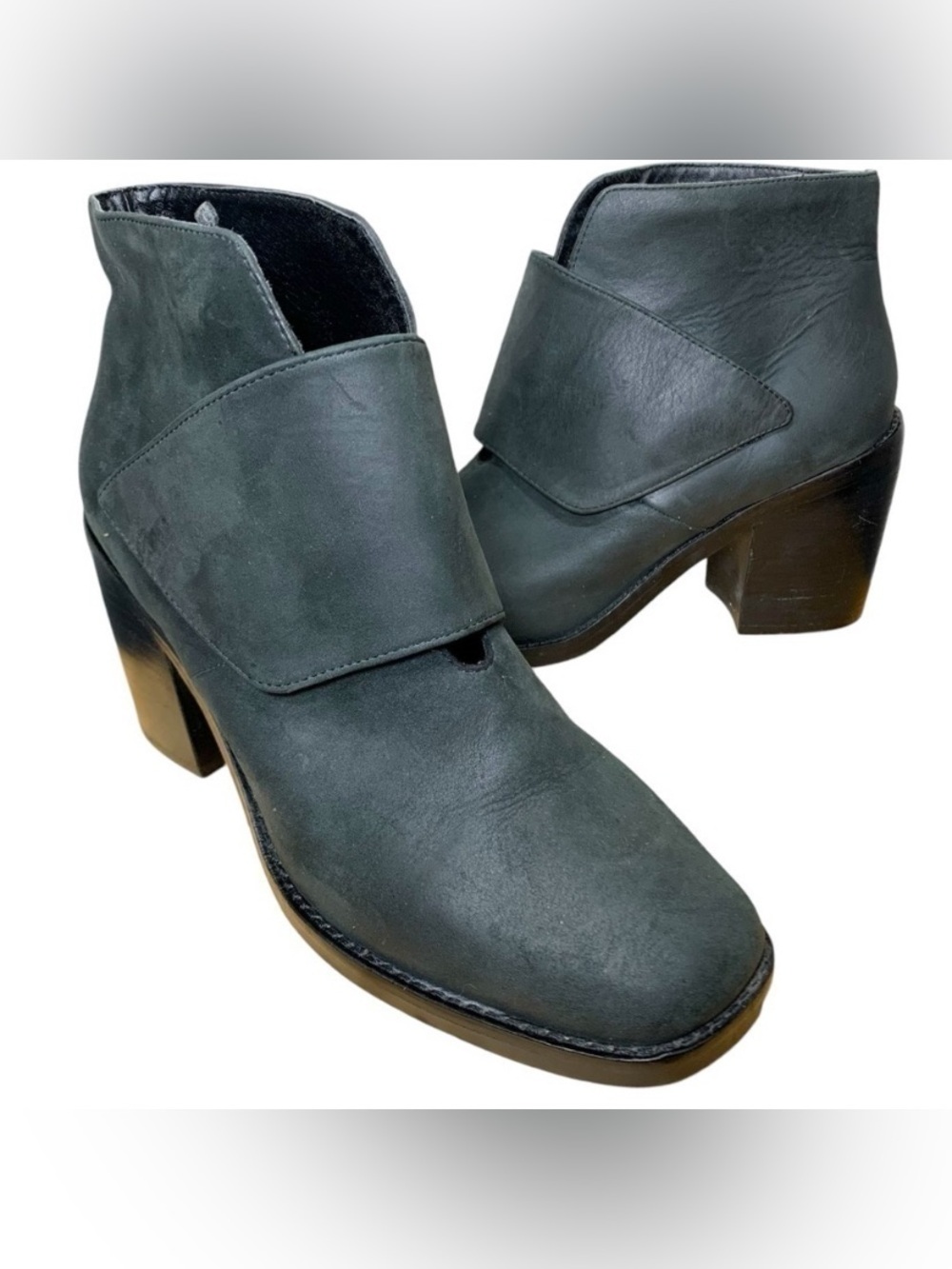 Shellys London Ankle Boot Sz 9 Nubuck Leather Charcoal Gray Block Heel Booties